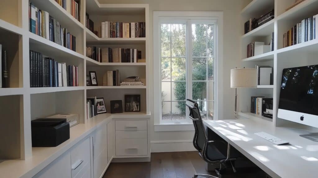A beautiful, calm, and organized home office with a built-in desk and book shelves. There is a window to the side with beautiful light filtering in, adding to this peaceful home office setup.