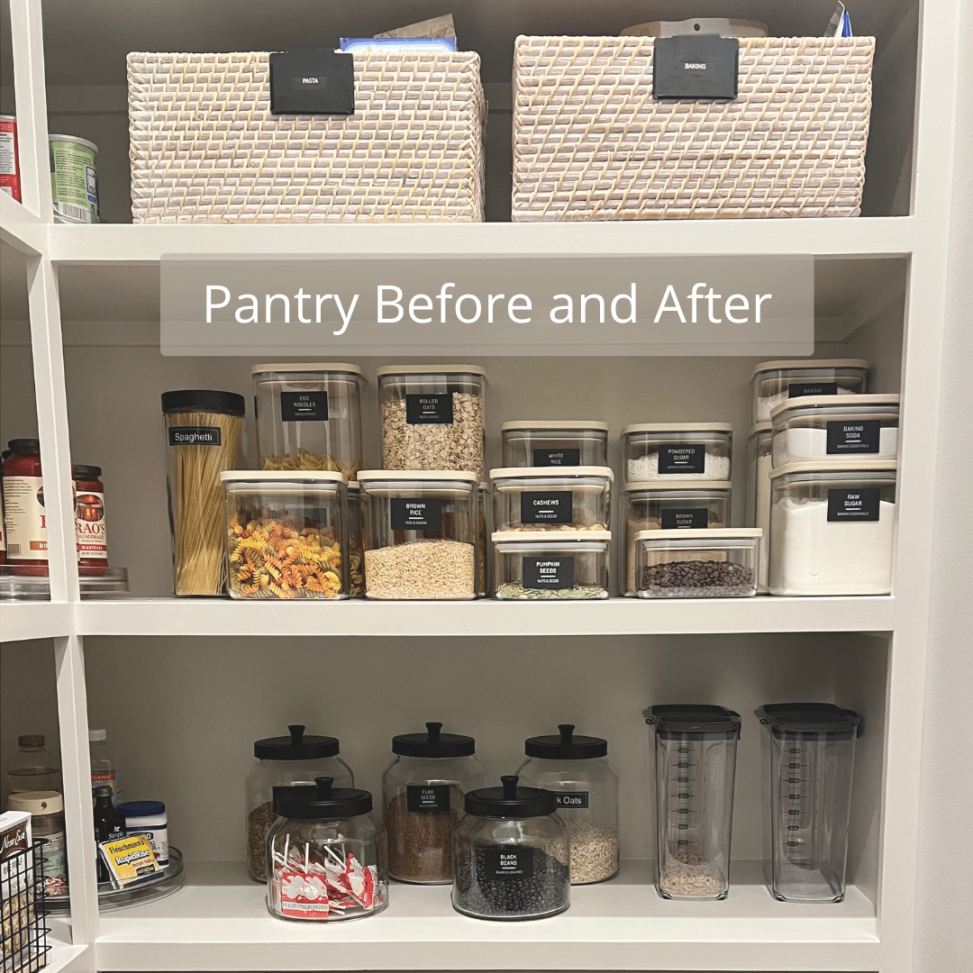 Organized pantry Organized walk-in pantry with labeled bins and decanted baking items.
