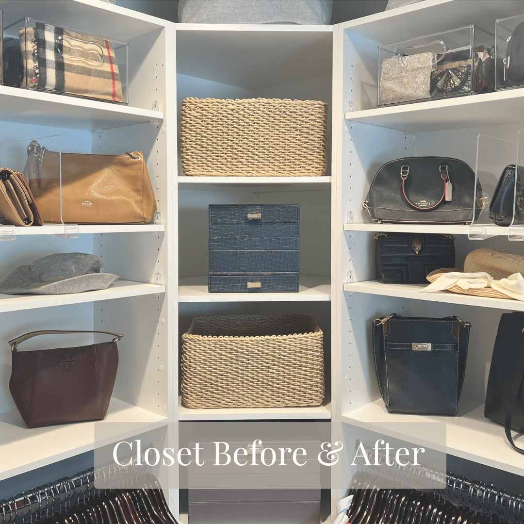 Organized master closet with handbags and baskets. an organized master closet with handbags and baskets on neatly arranged shelves.