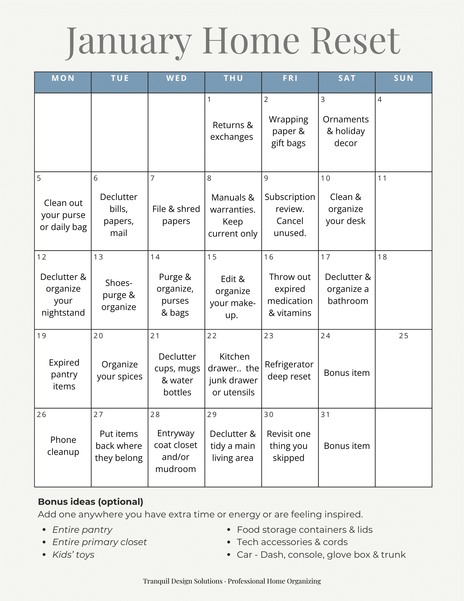 January Home Reset Calendar January home reset printable calendar to help you organize your home in daily easy to manage tasks