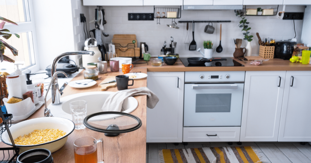 Messy kitchen counters with dishes and clutter