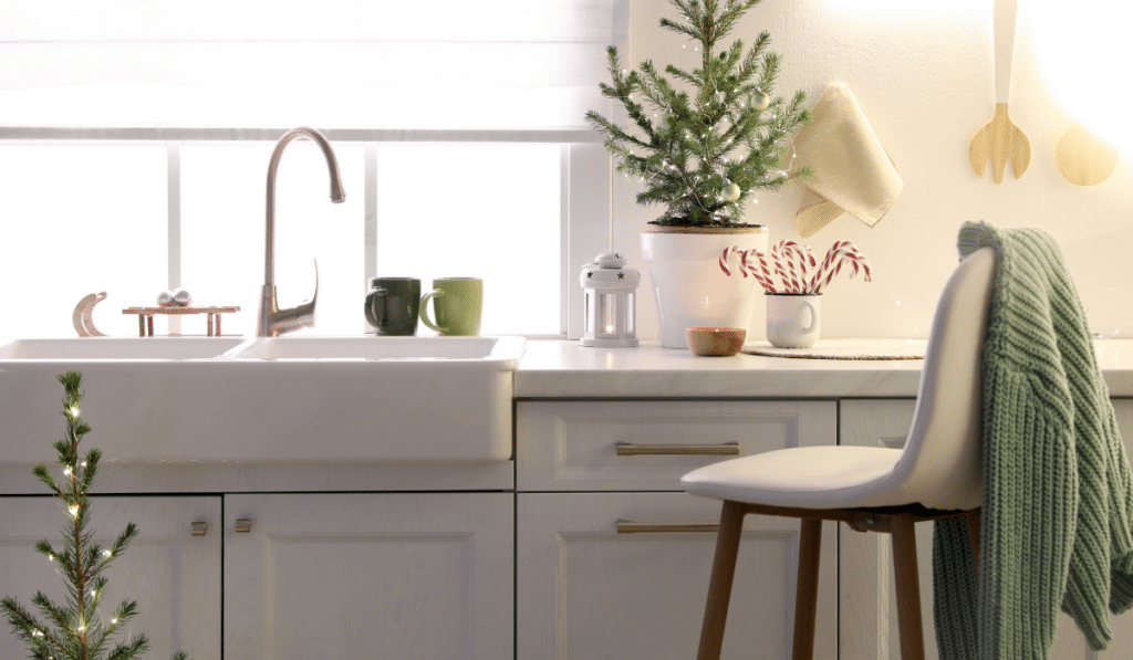 kitchen decorated for Christmas