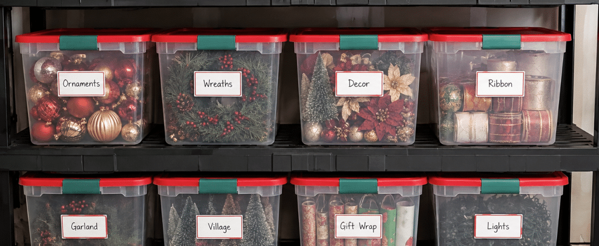 Christmas Storage Bins on Garage Shelves