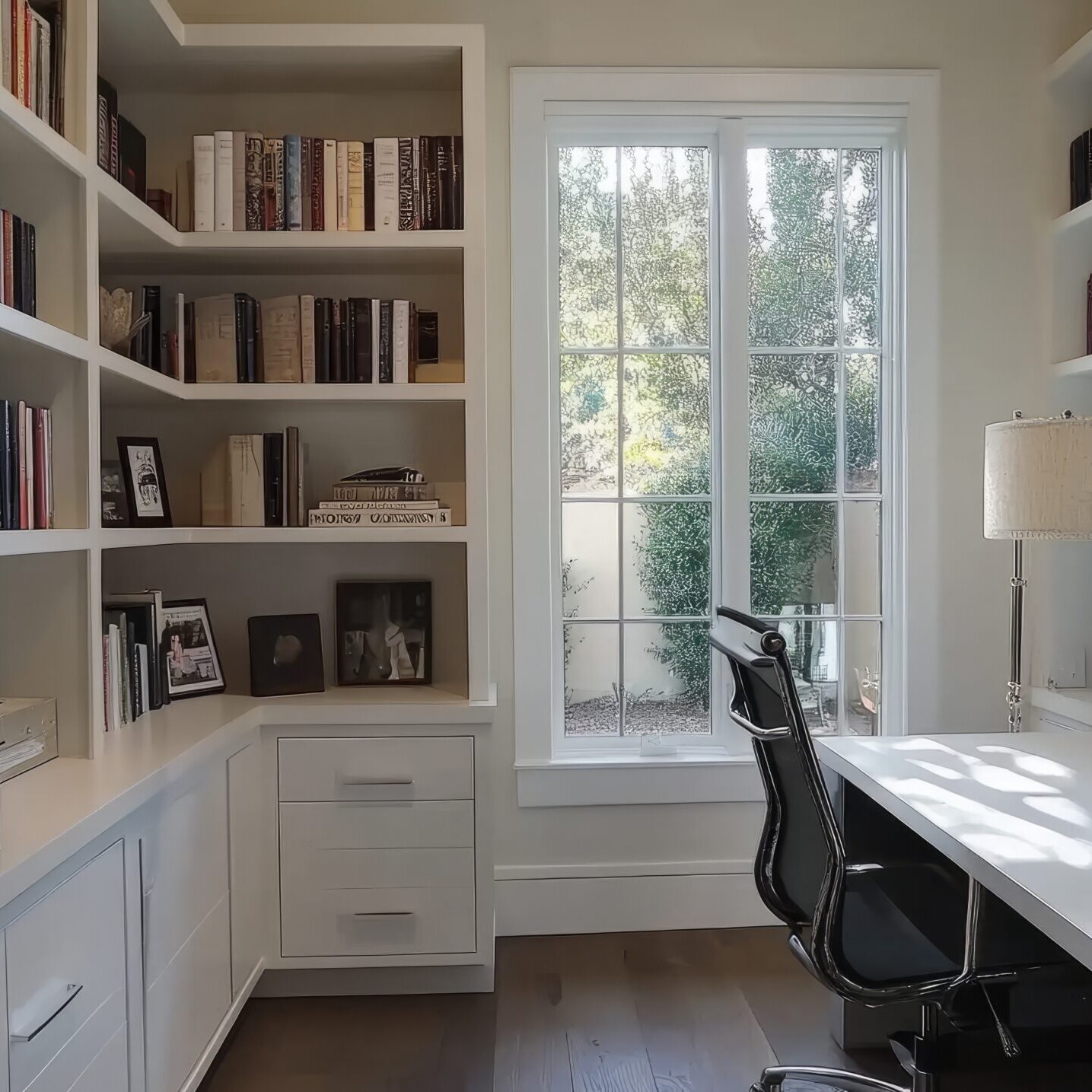 A contemporary home office featuring a minimalist bookshelf with open shelves, showcasing a clean and organized workspace with a touch of elegance. A contemporary home office featuring a minimalist bookshelf with open shelves, showcasing a clean and organized workspace with a touch of elegance.