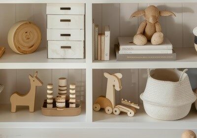Children's_Toys_in_Wardrobe Organized neutral kids wooden toys and woven baskets on shelves in a playroom