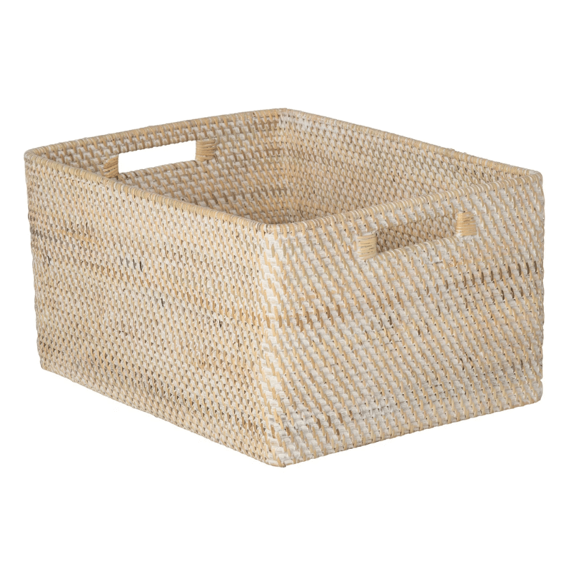 Kouboo Loma Rectangular Decorative Rattan Storage Basket With Handles, Coastal-Inspired Handwoven, Home Organization, Black Antique, Latte