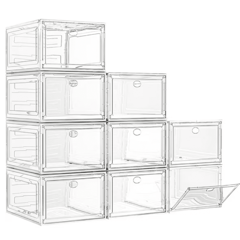 Clear stackable open front shoe boxes for organized shoe section in the closet