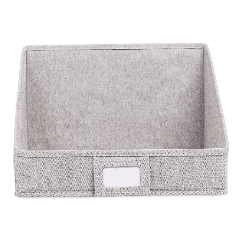 Open cloth storage bins with labels for organizing sweaters, t-shirts, purses