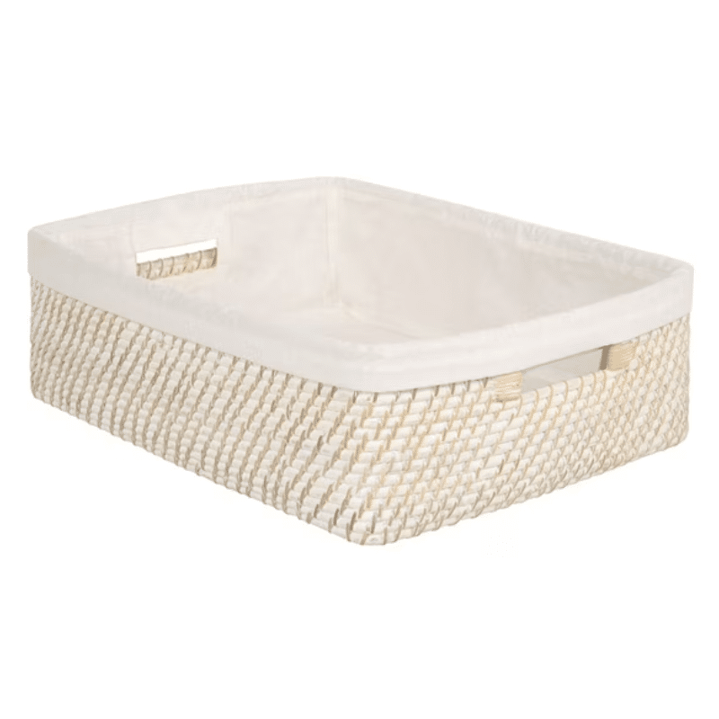 White washed rattan shelf basket with cotton liner for pretty closet organization