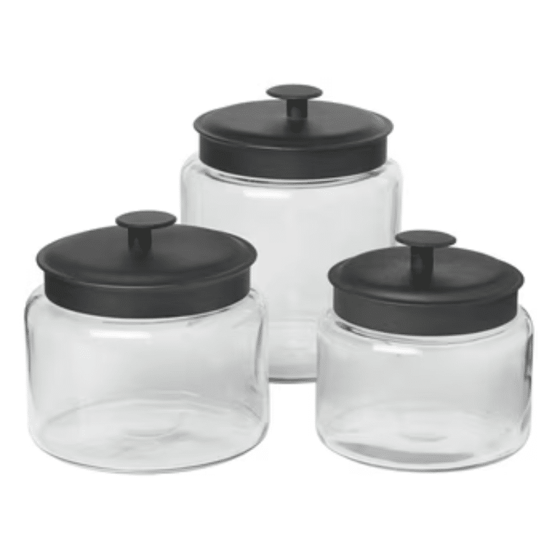 Glass food storage canisters with black matte lids