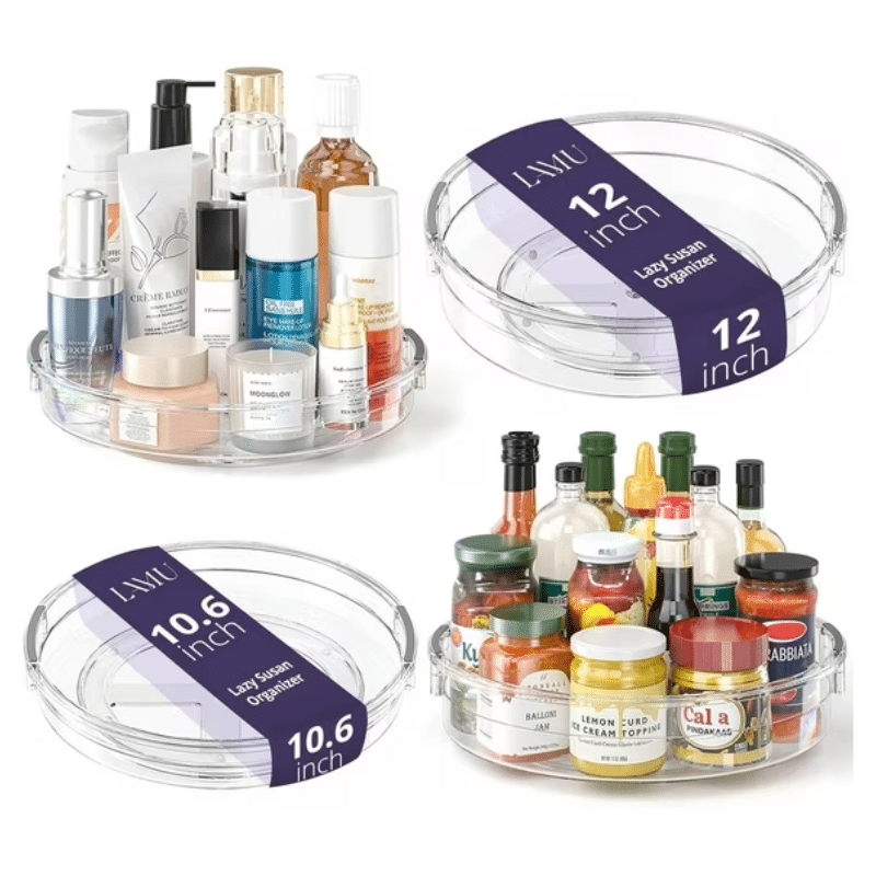 LAMU 4 Pack Lazy Susan Organizer, 12in 10.6in Lazy Susan Turntable Organizer for Cabinet, Kitchen, Refrigerator, Pantry, Countertop, Table Top, Bathroom, Spice Organization, Clear