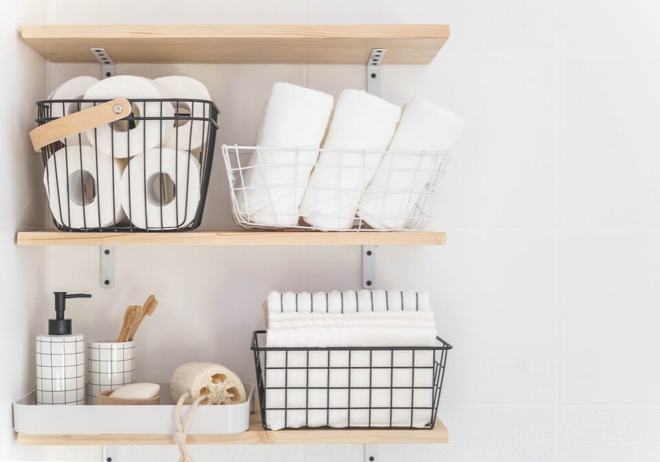 Beautiful,White,Bathroom.,Wooden,Shelves.,Rolled,Towels,,Stacked,Towels,And Beautiful,White,Bathroom.,Wooden,Shelves.,Rolled,Towels,,Stacked,Towels,And
